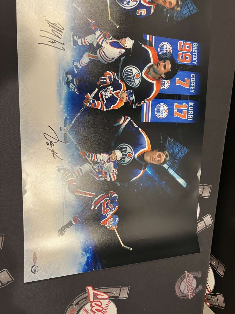 Wayne Gretzky Paul Coffey Jari Kurri Triple Signed Auto 36x18 Photo UDA COA