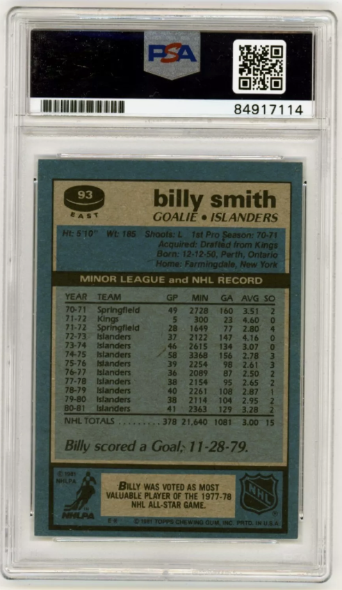 Billy Smith 1981-82 Topps East #93 Signed PSA Authentic Auto Islanders HOF