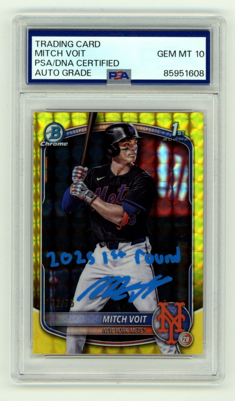 Mitch Voit 2025 Bowman Chrome Signed 1st Yellow Geometric Ref RC /75 Insc PSA 10