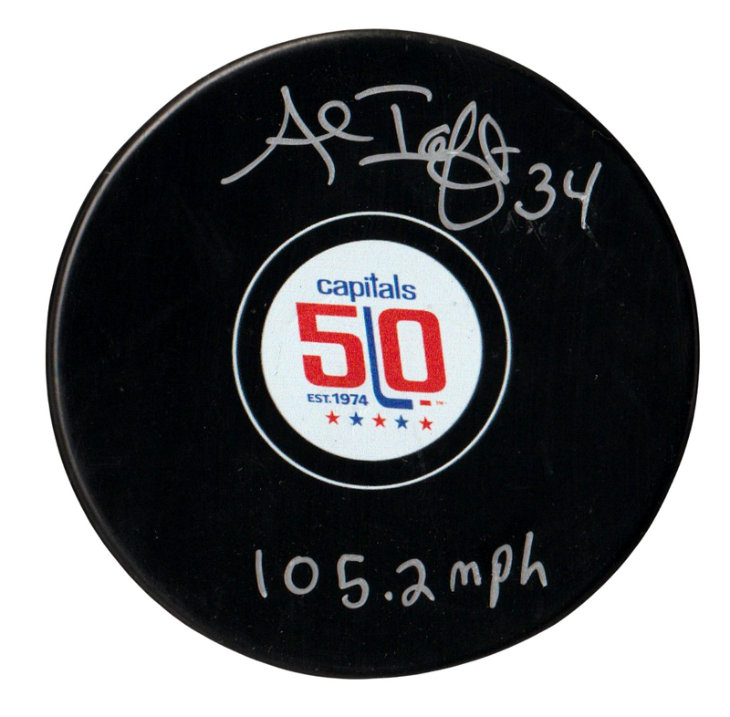 Al Iafrate Signed Capitals 50th Anniversary Puck w 105.2 MPH Beckett Wit BAS COA