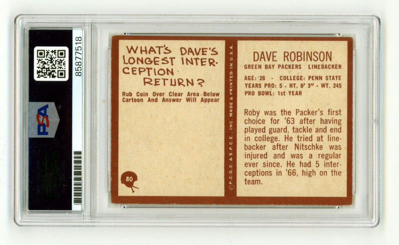 Dave Robinson 1967 Philadelphia #80 Signed Rookie RC w 3 Insc PSA Authentic Auto