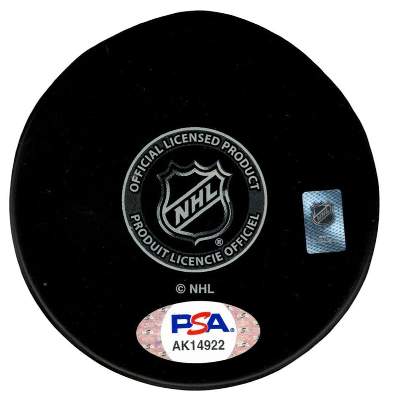 Gilles Villemure Signed New York Rangers Logo Puck w/ 1970-71 Vezina PSA COA