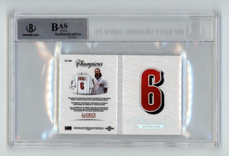Jonathan India 2021 Hits Memorabilia Champions Letter Patch Auto Booklet #/6 BGS