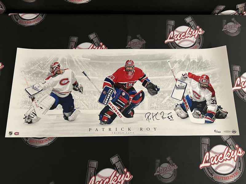 Patrick Roy Signed Auto 36x15 Photo "Triple Save" 5/100 Upper Deck UDA COA
