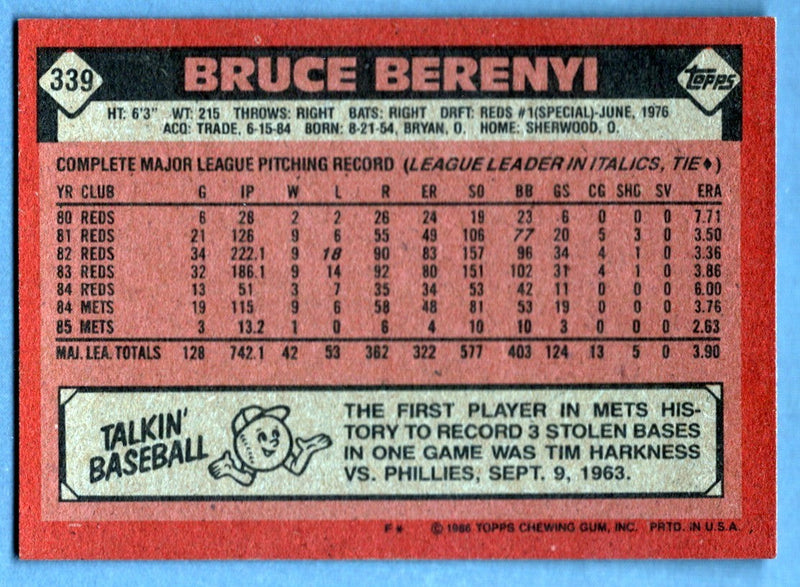 Bruce Berenyi Signed 1986 Topps #339 Rookie RC w/ 86 WSC LSCM COA NY Mets