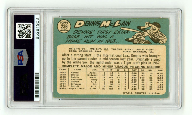 Denny McLain 1965 Topps #236 Rookie RC w/ 4 Inscriptions Signed PSA Auto