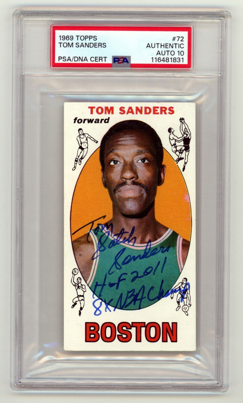 Tom "Satch" Sanders 1969-70 Topps 72 Tall Boy RC 2 Insc Signed Auto PSA 10 Auto
