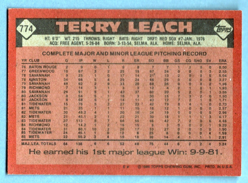 Terry Leach Signed 1986 Topps #774 Rookie RC w/ 86 WSC LSCM COA NY Mets