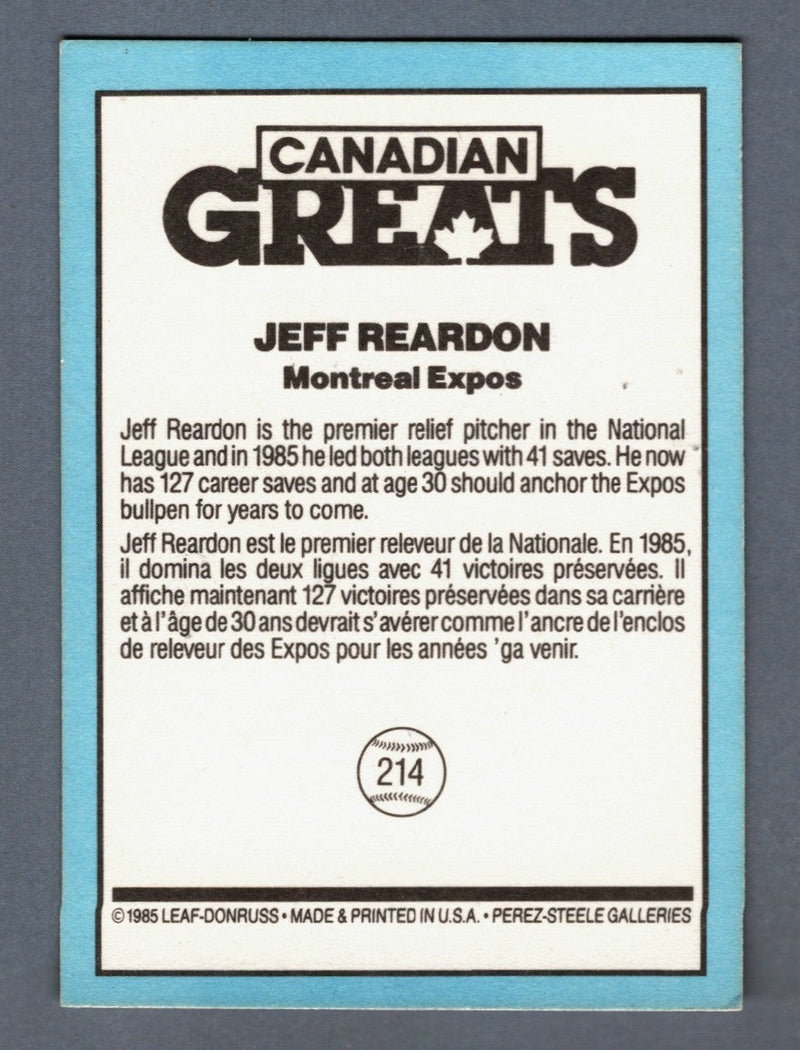 Jeff Reardon Signed 1986 Leaf Canadian Greats #214 LSCM COA Expos