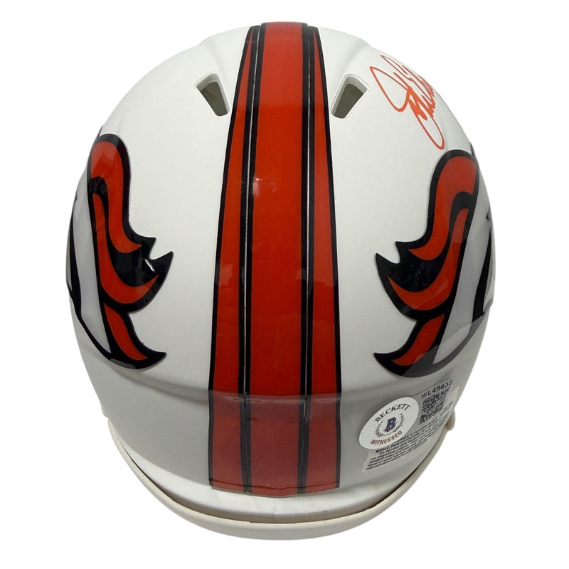 John Elway Signed Denver Broncos Flat White Mini Helmet Beckett Witness BAS COA