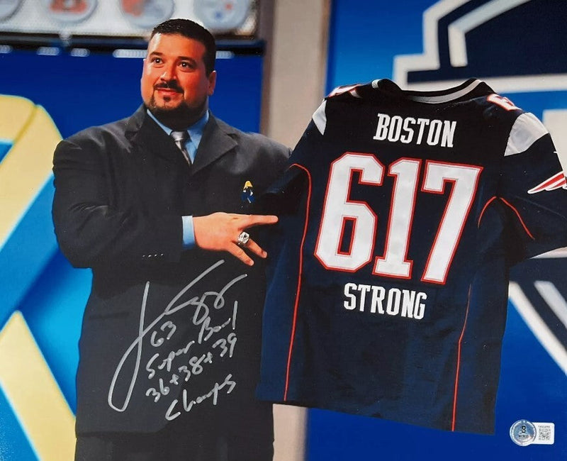 Joe Andruzzi Signed Pats 11x14 Photo Boston Strong w/ SB Champs Beckett BAS COA