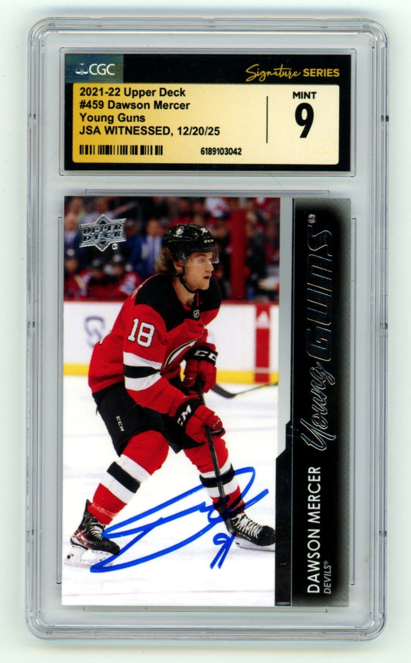Dawson Mercer 2021-22 Upper Deck #459 Young Guns RC Auto Signed JSA CGC 9 Devils
