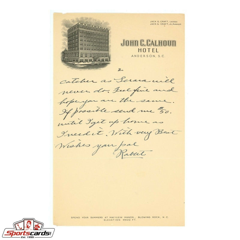 Rabbit Maranville Signed Autographed Handwritten Letter HOF