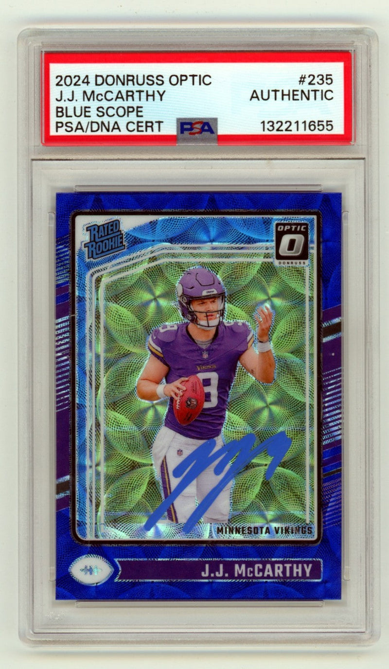 J.J. McCarthy 2024 Donruss Optic Blue Scope Prizm Signed Rookie RC SP PSA Auto