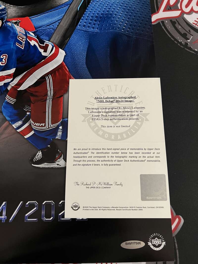 Alexis Lafreniere Signed 20x24 Photo NHL Debut Upper Deck UDA COA NY Rangers