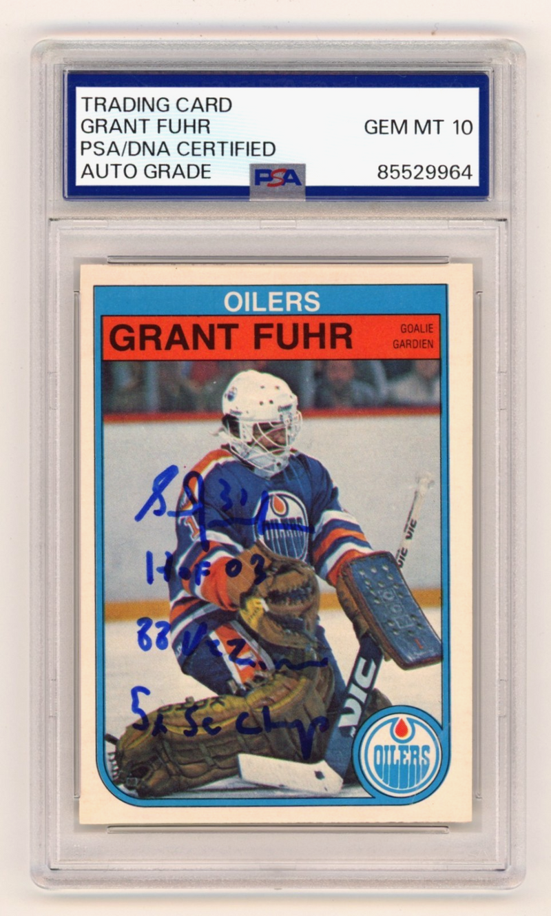 Grant Fuhr 1982-83 O-Pee-Chee OPC #105 Signed Rookie RC w/ 3 Insc. PSA 10 Auto