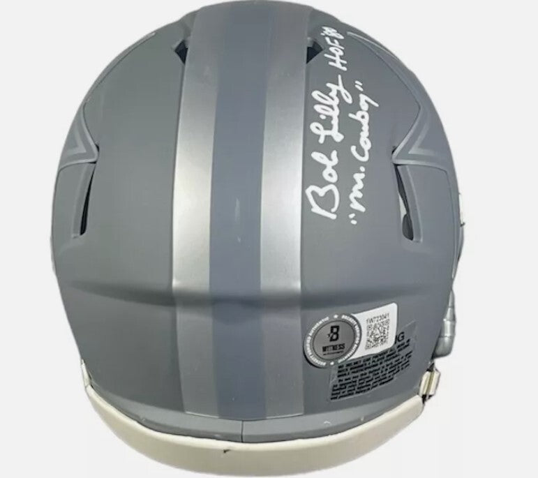 Bob Lilly Signed Cowboys Slate Mini Helmet w/ 4 Ins Beckett Witness BAS COA