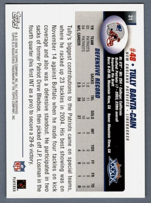 Tully Banta-Cain 2005 Topps Super Bowl #31 w/ SB XXXIX Ins LSCM COA Patriots