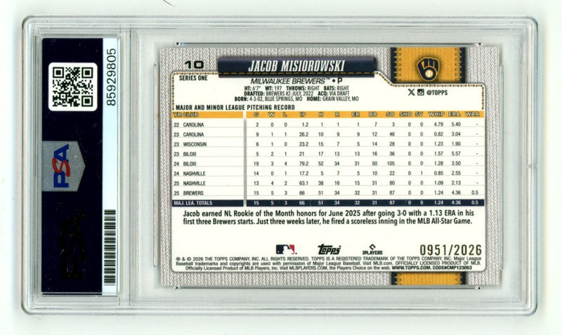 Jacob Misiorowski 2026 Topps Series 1 Gold Signed RC #/2026 PSA Authentic Auto