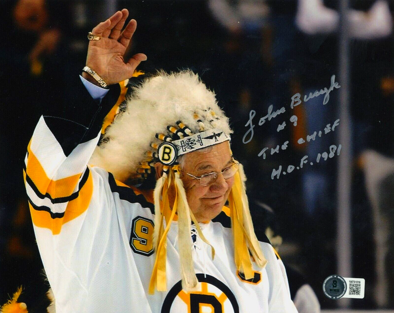 Johnny Bucyk Signed Bruins 8x10 Photo w/ HOF 81 + The Chief Beckett Wit BAS COA