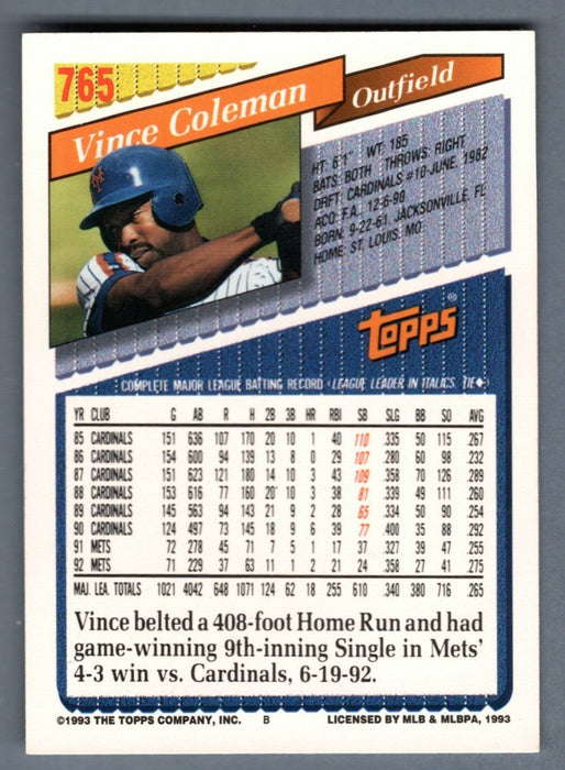 Vince Coleman Signed Autographed 1993 Topps #765 LSCM COA New York Mets