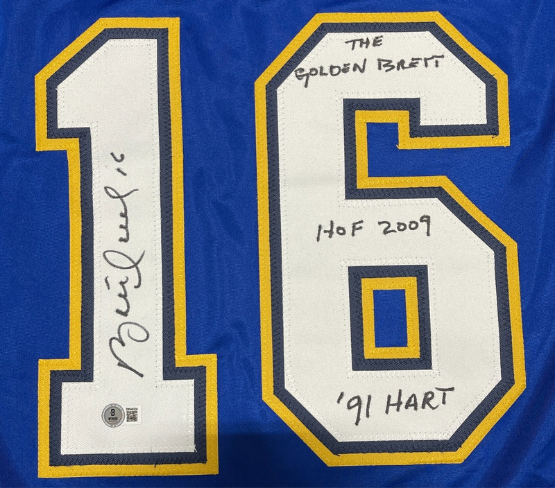 Brett Hull Signed Auto Blues Custom Jersey w/ 3 Insc Beckett Witness BAS COA