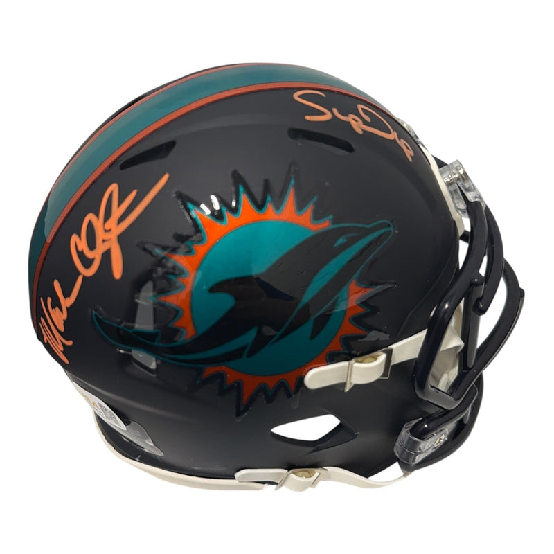 Mark Clayton & Mark Duper Dual Signed Dolphins Rivalries Mini Helmet JSA Wit COA