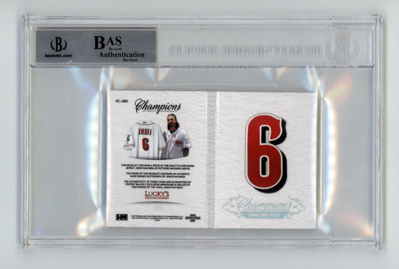Jonathan India 2021 Hits Memorabilia Champions Letter Patch Auto Booklet #/6 BGS