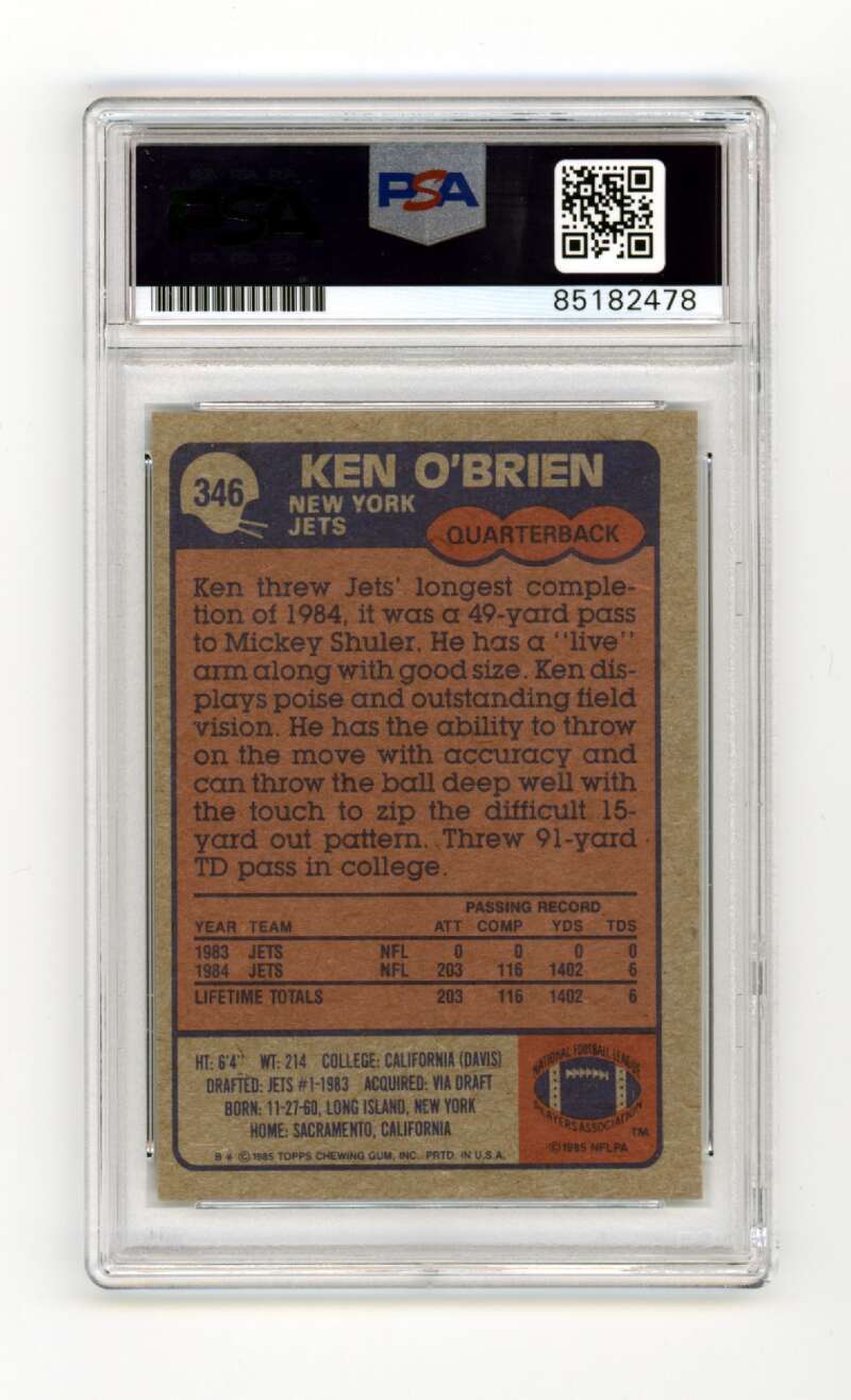 Ken O'Brien 1985 Topps #346 Rookie RC Signed PSA Authentic Auto New York Jets