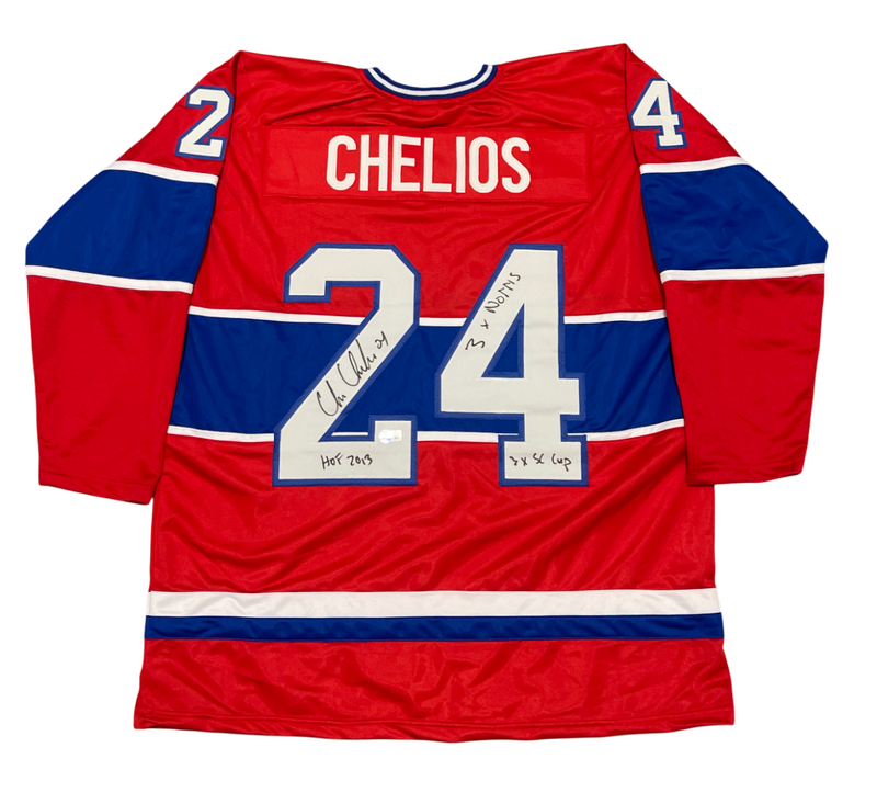 Chris Chelios Signed Canadiens Custom Jersey w/ 3x Ins Beckett Witness BAS COA