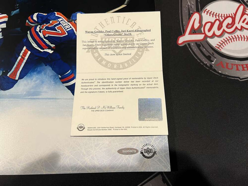Wayne Gretzky Paul Coffey Jari Kurri Triple Signed Auto 36x18 Photo UDA COA