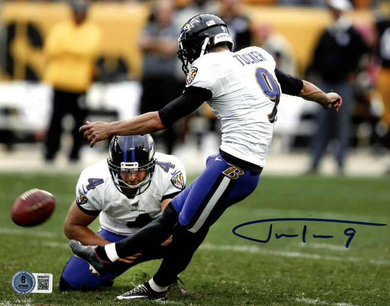 Justin Tucker Signed Baltimore Ravens 8x10 Photo Becket Witness BAS COA #2