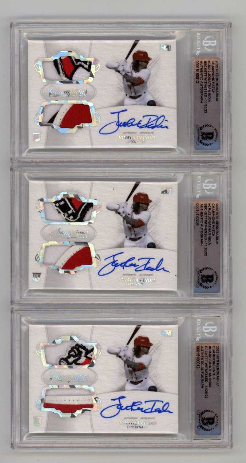 Jonathan India 2021 Hits Memorabilia Champions Ice Patch Dual Auto RC /3 BGS BAS
