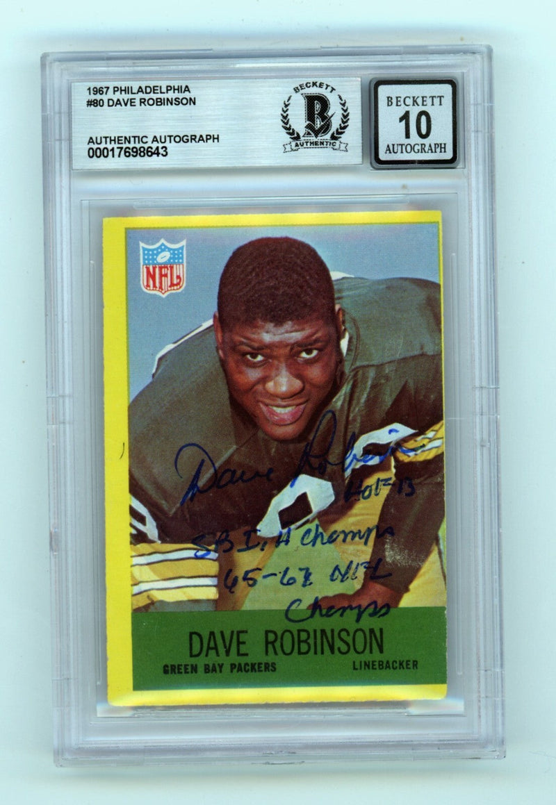 Dave Robinson 1967 Philadelphia #80 Signed Rookie RC w 3 Insc HOF BGS 10 Auto D