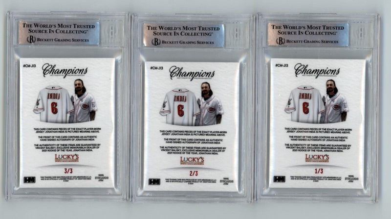 Jonathan India 2021 Hits Memorabilia Champions Red Patch Dual Auto RC /3 BGS BAS