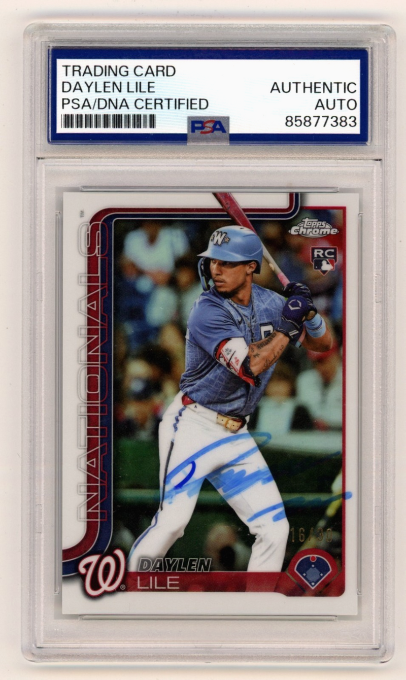 Daylen Lile 2025 Topps Chrome Update Signed White Refractor RC #16/30 PSA Auto
