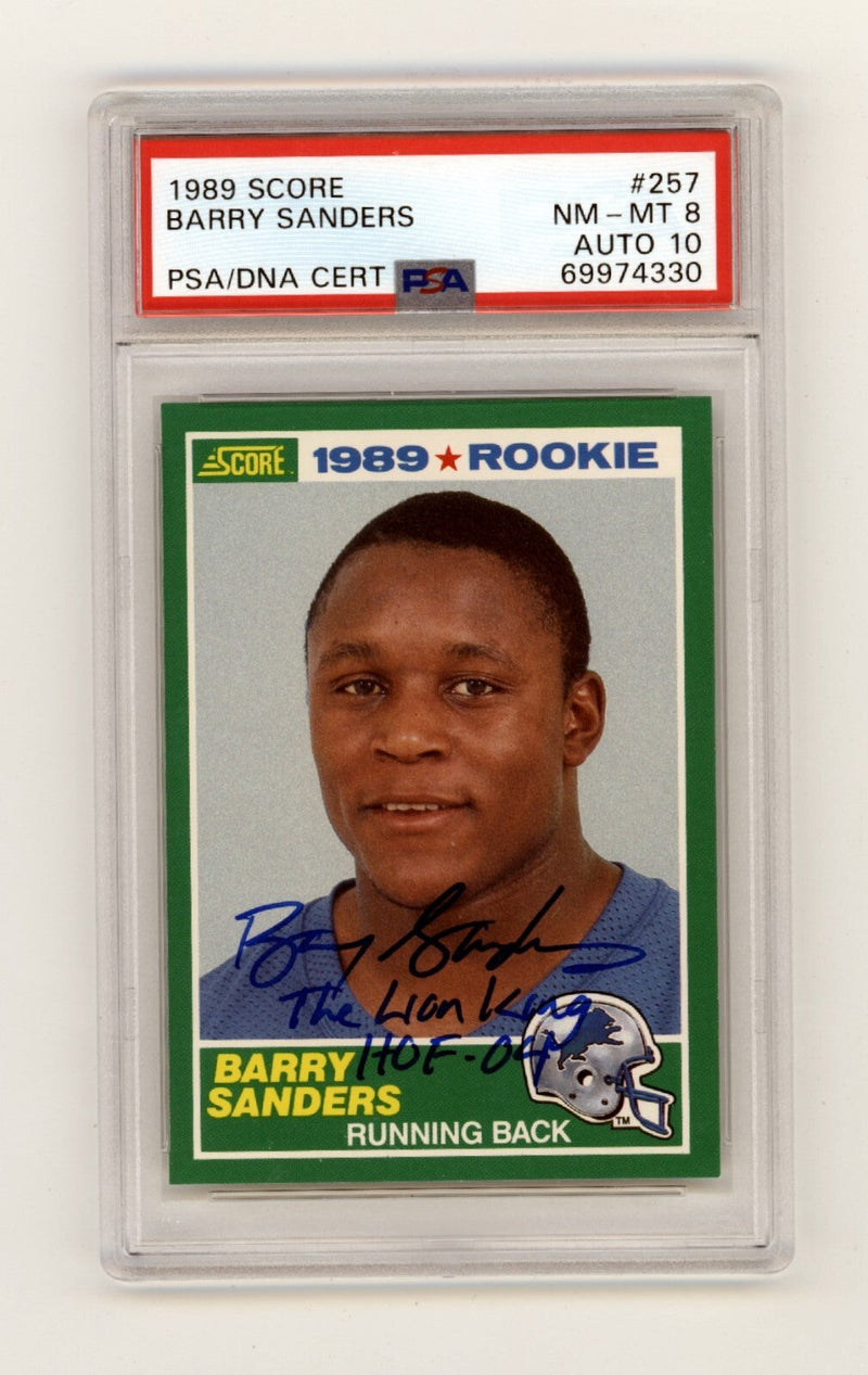Barry Sanders 1989 Score #257 Rookie Card 2 Inscriptions Signed PSA 8 10 Auto