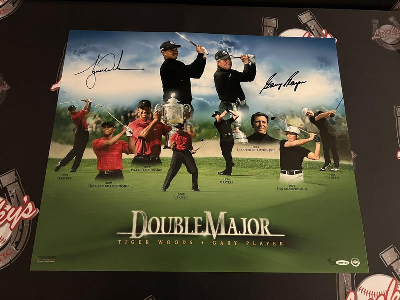 Tiger Woods & Gary Player Signed Auto 20x24 Photo Double Major 31/50 UDA COA