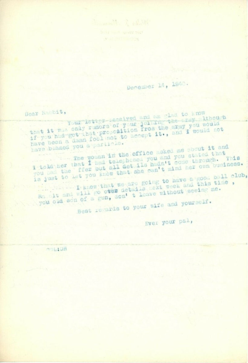 Rabbit Maranville Signed Autographed Handwritten Letter HOF