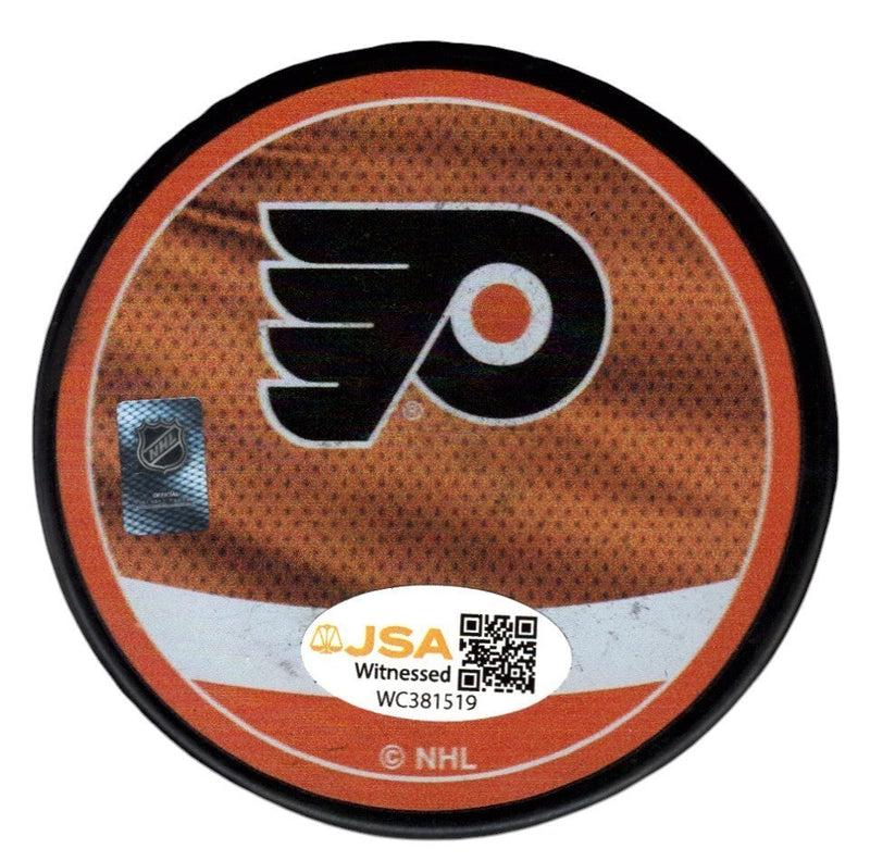 Eric Lindros Signed Autographed Flyers Reverse Retro Puck JSA Witness COA