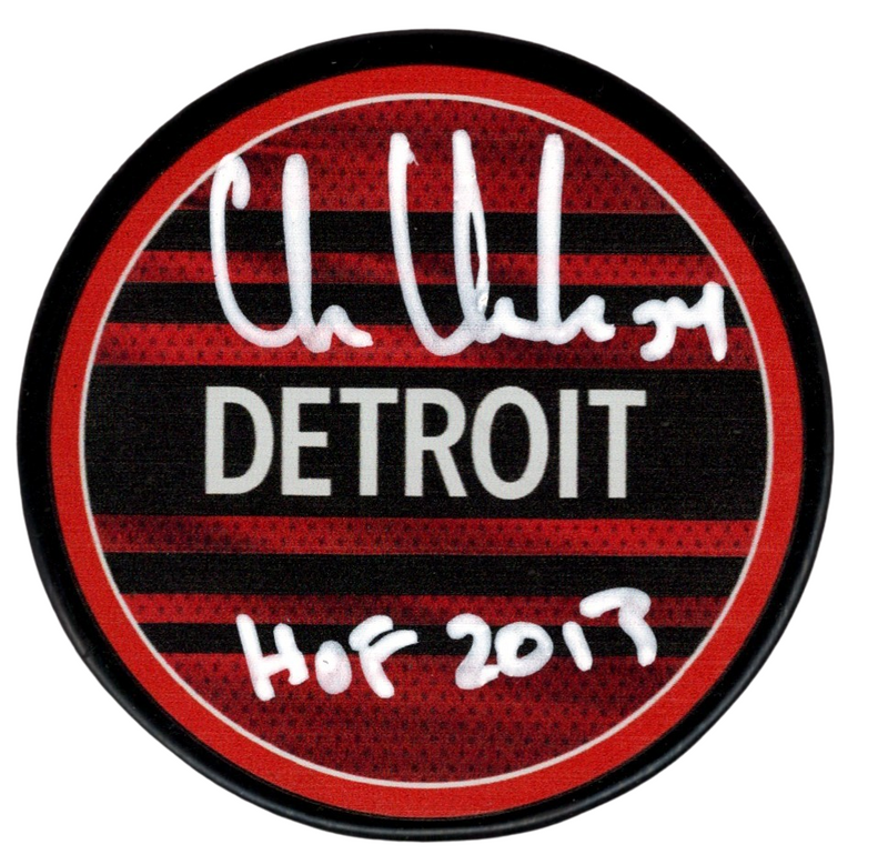 Chris Chelios Signed Auto Red Wings Reverse Retro Puck HOF 2013 Beckett BAS COA