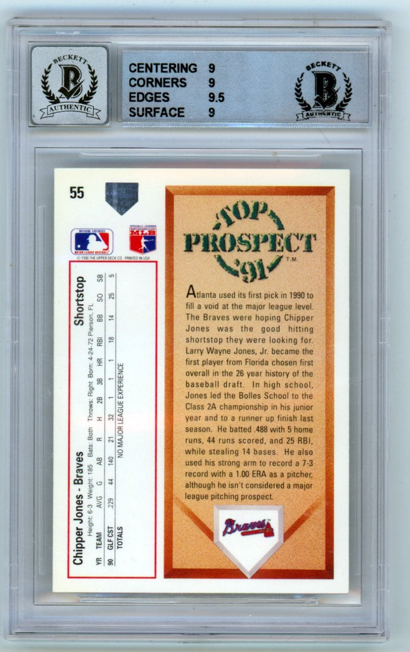 Chipper Jones 1991 Upper Deck #55 Signed Rookie RC Beckett BGS 9 10 Auto Braves
