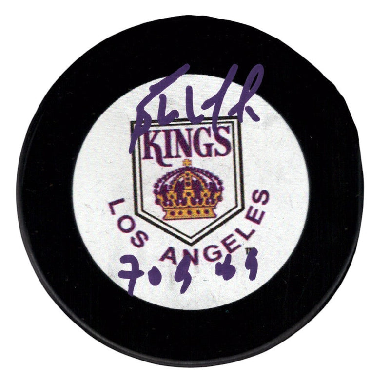 Bernie Nicholls Signed LA Kings White Logo Puck w/ 70 G 89 JSA Witness COA