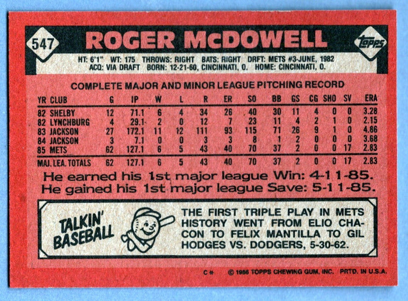 Roger McDowell Signed 1986 Topps #547 Rookie RC LSCM COA New York Mets