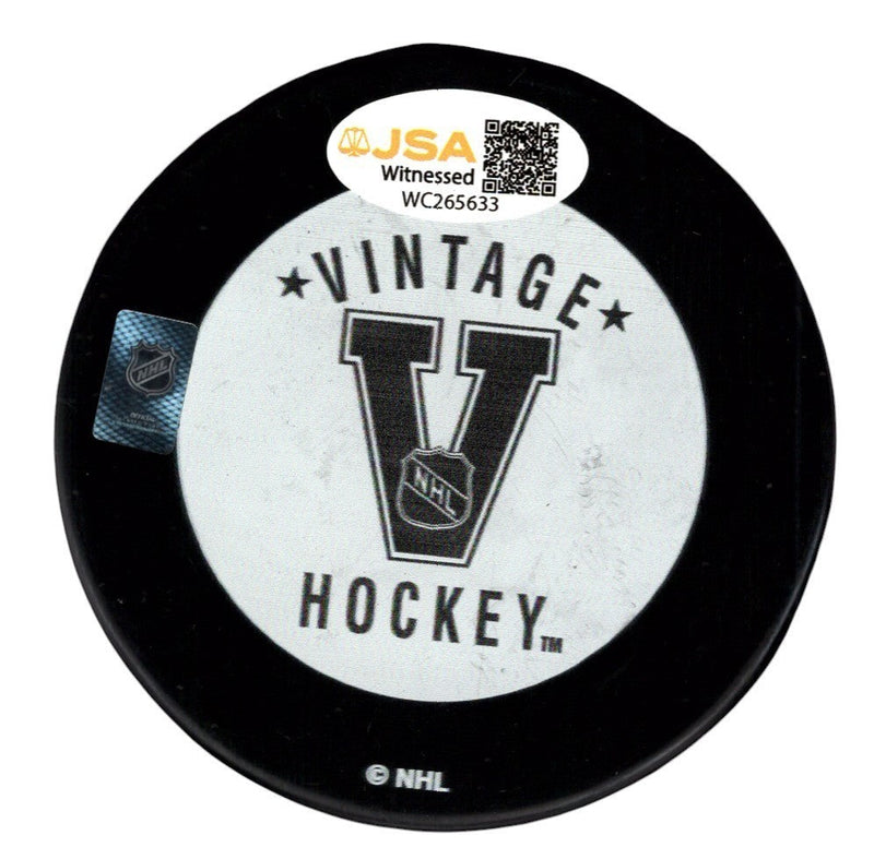 Bernie Nicholls Signed LA Kings White Logo Puck w/ 70 G 89 JSA Witness COA