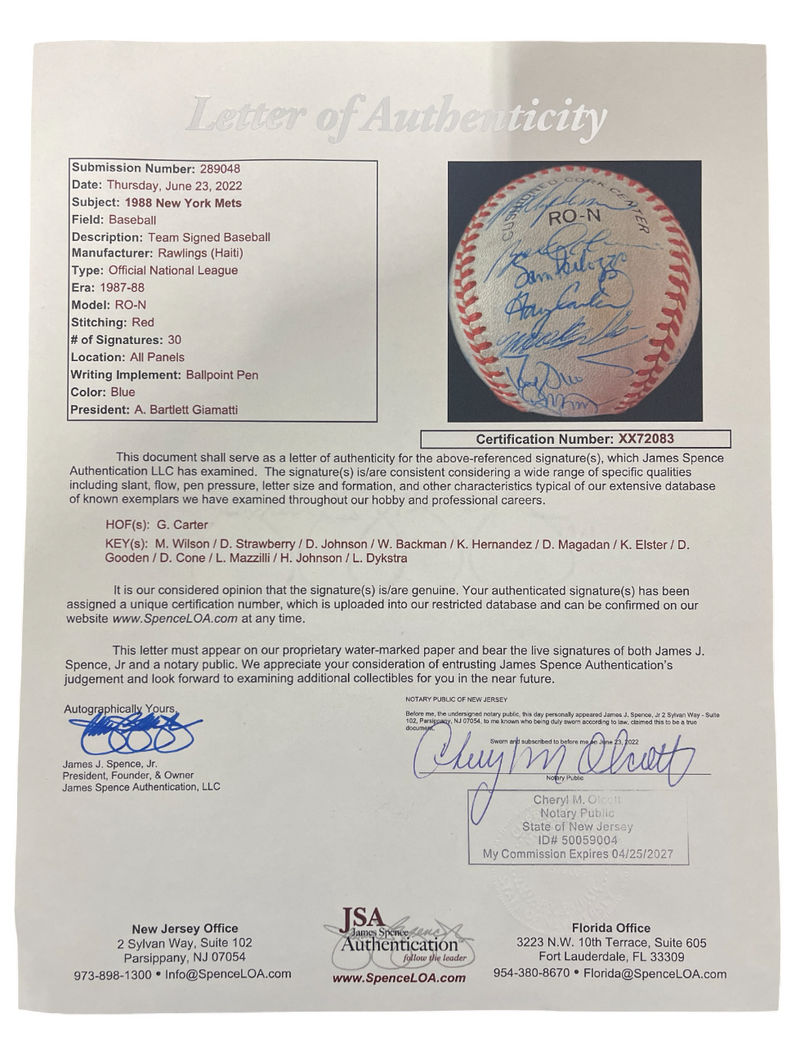 1988 New York Mets Team Signed Autograph ONL National League Baseball JSA LOA B