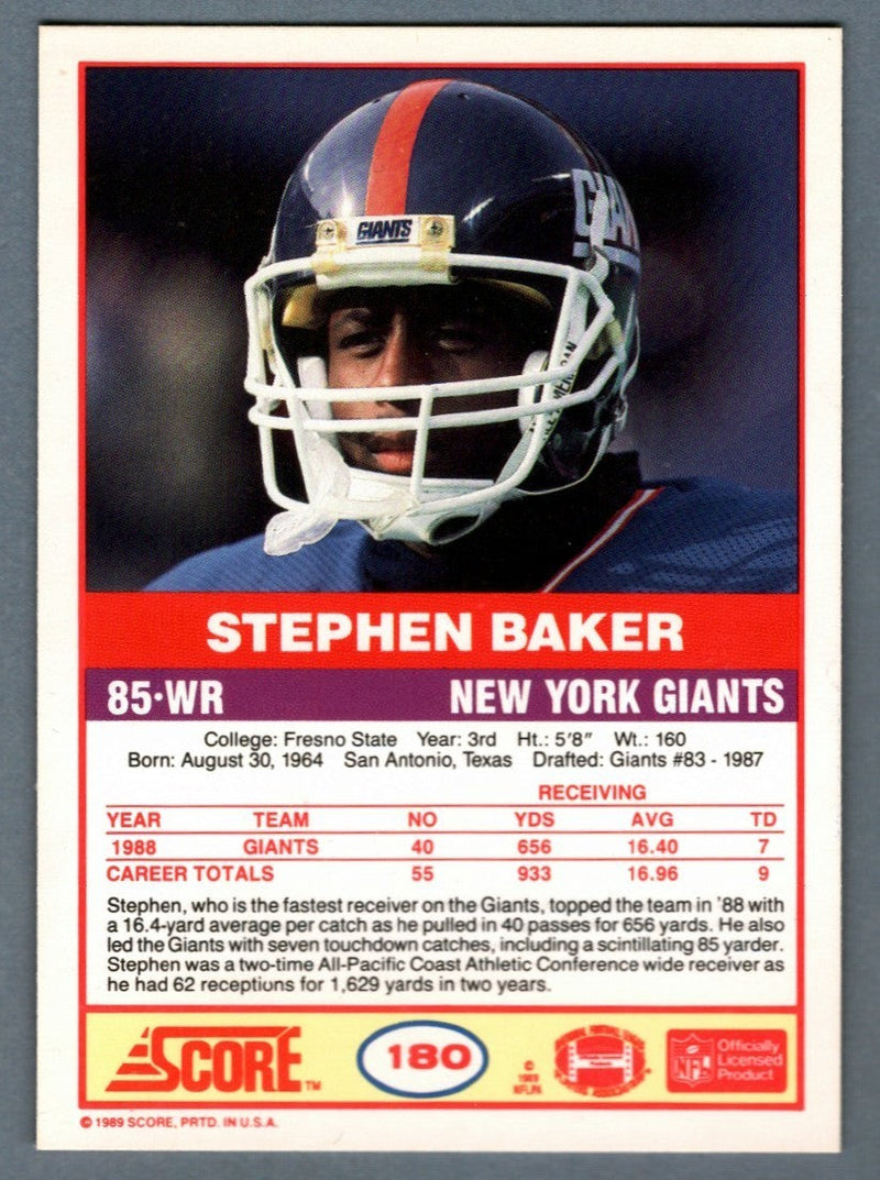Stephen Baker Signed 1989 Score #180 w/ SB XXV Champs LSCM COA New York Giants