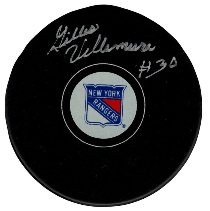 Gilles Villemure Signed Autographed New York Rangers Logo Puck PSA COA