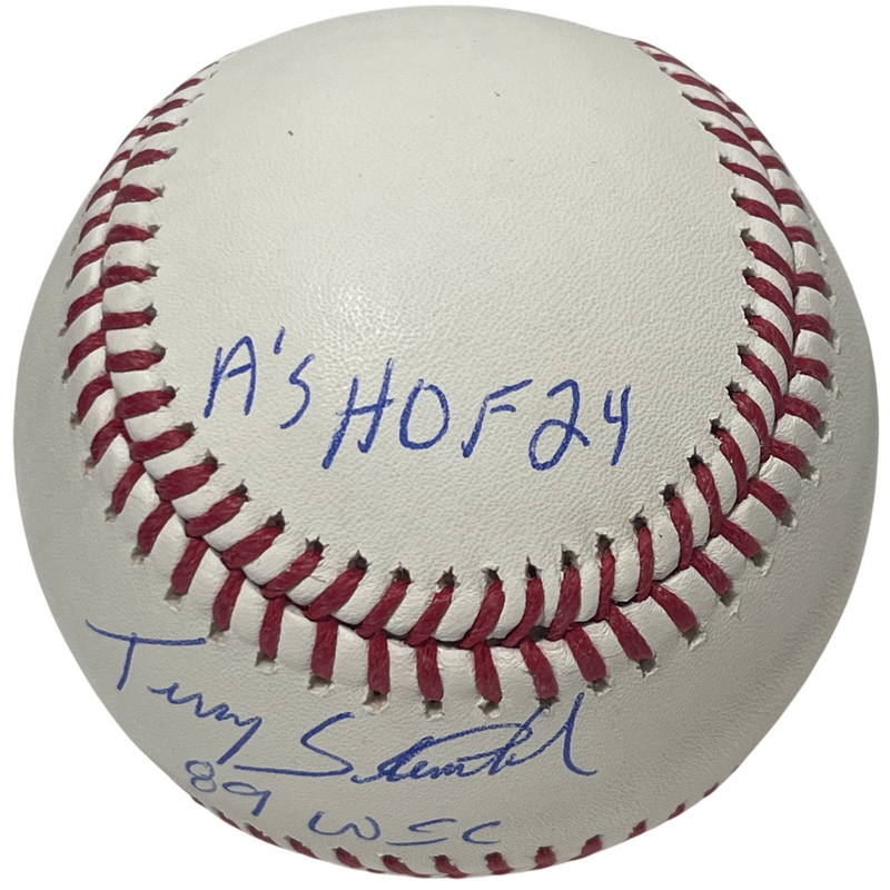 Terry Steinbach Signed ROMLB Stat Baseball w/ 4 Insc Beckett Witness BAS COA A's