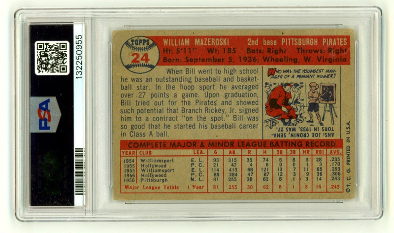 Bill Mazeroski 1957 Topps #24 Signed Rookie RC w/ 5 Inscriptions PSA 10 Auto HOF